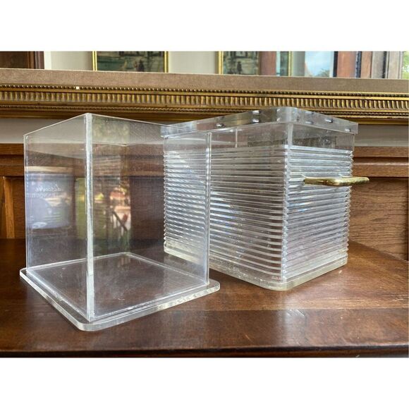 Mid Century Modern Ribbed Rectangle Lucite Handled Ice Bucket with Insert - Picture 2 of 6